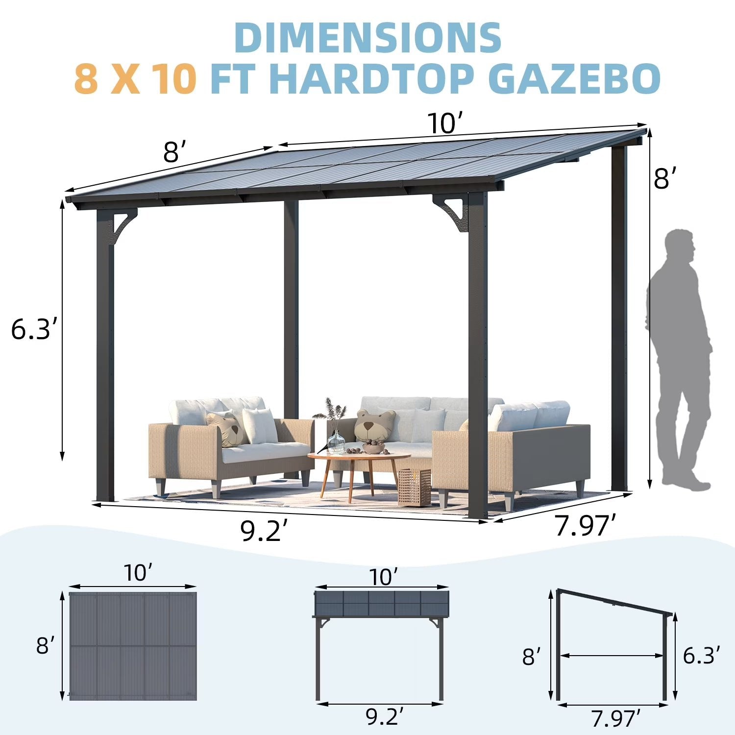 8' x 10' Hardtop Gazebo Outdoor Aluminum Pergola For Garden, Patio, Backyard-Gray