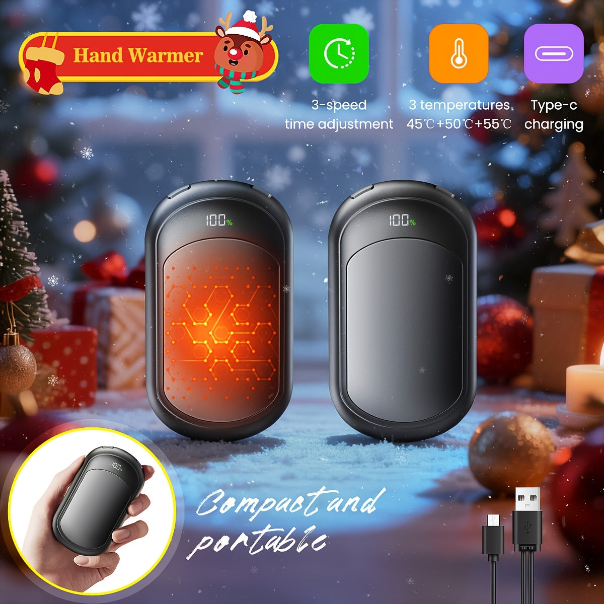 2 Pack Rechargeable Hand Warmers, Fast Heating, 3 Adjustable Modes, Portable Magnetic Electric Hand Warmer For 20 Hours Of Warmth, Dual-Sided Pocket Heating -Perfect For Outdoor Activities And Winter Gifts To Women & Men 3200mah