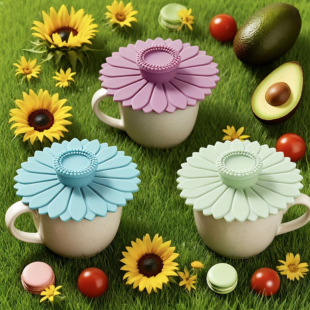 3pcs Heat-Resistant, Leakproof Sunflower Cup Lid Made of Food-Grade Silicone, Ideal for Mugs, Cups, Tea, Coffee - Reusable & Multipurpose, Must-Have Kitchen Accessory