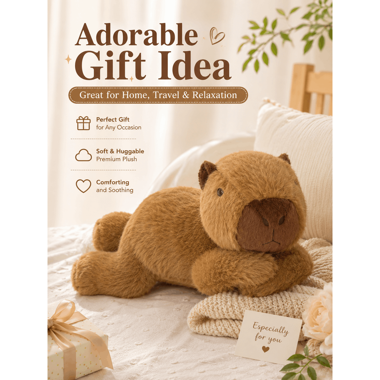 60cm Capybara Weighted Calm Panion Plushie – Soft Brown Capybara Plush with Long Paws, Large Animal Plush for Bedroom, Sofa, Chair, Travel, Room Décor & Gift Use Anti Anxiety DeStress Cuddly Soft Cute Viral