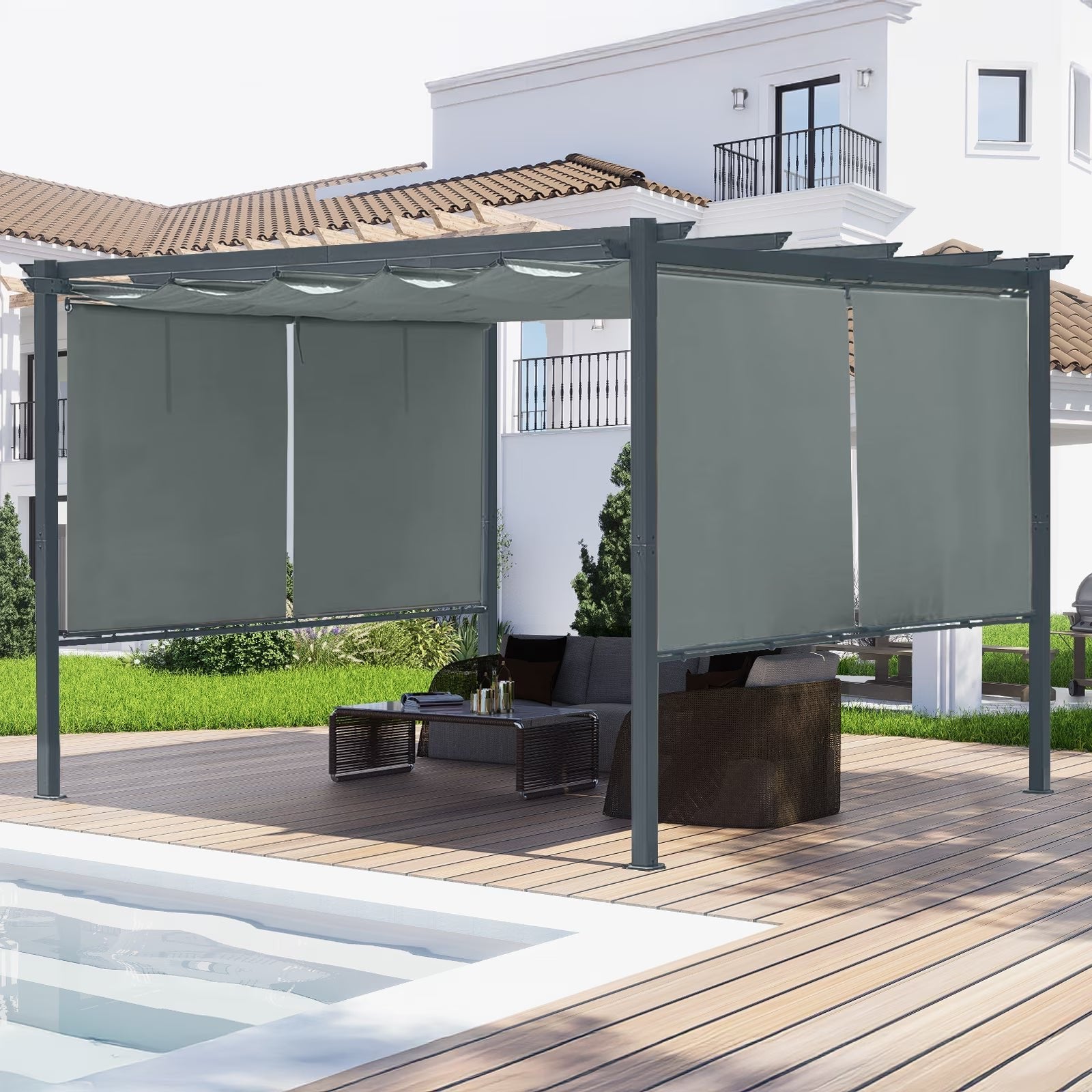 12x12 FT Waterproof Pergola with Retractable Canopy, Dark Gray Aluminum Frame, Roller Shade Curtain for Patio