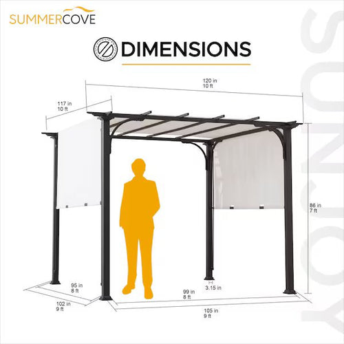 10 ft. x 10 ft. Brown Steel Classic Pergola with Adjustable White Shade
