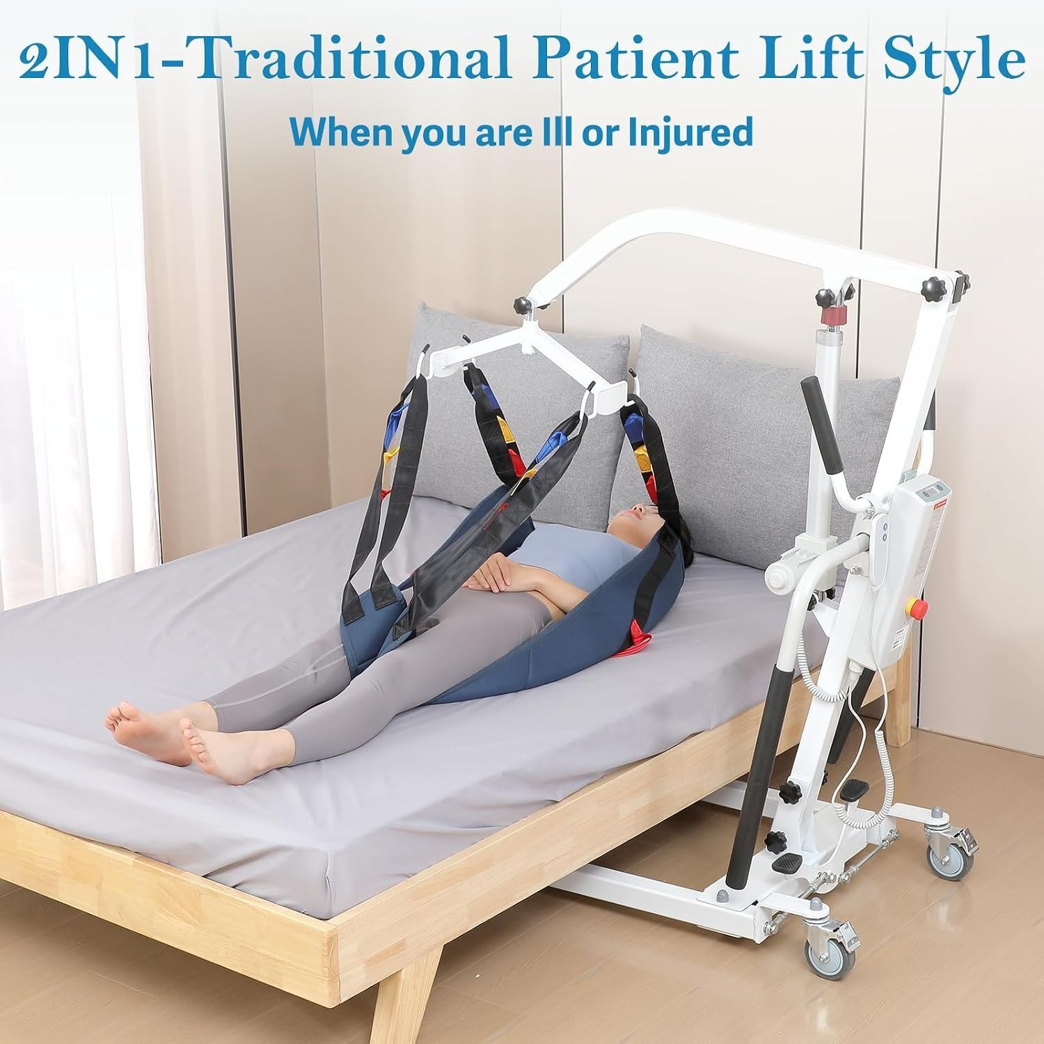 2IN1 Electric Patient Lift with Stand-Up Assist Rehabilitation-2 Slings Included-Multi-Functional Battery Powered Body Transfer Lift for Home,Wheelchair Toilet Car-Elderly, Disabled, Recovery