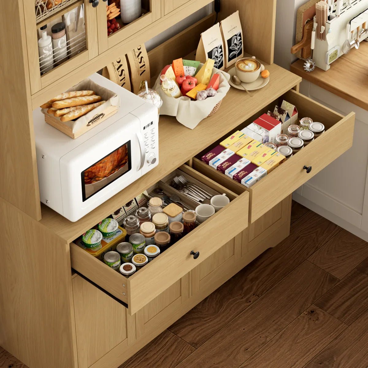 71" LED Kitchen Pantry Cabinet with Power Outlet, Large Kitchen Hutch Storage Cabinet