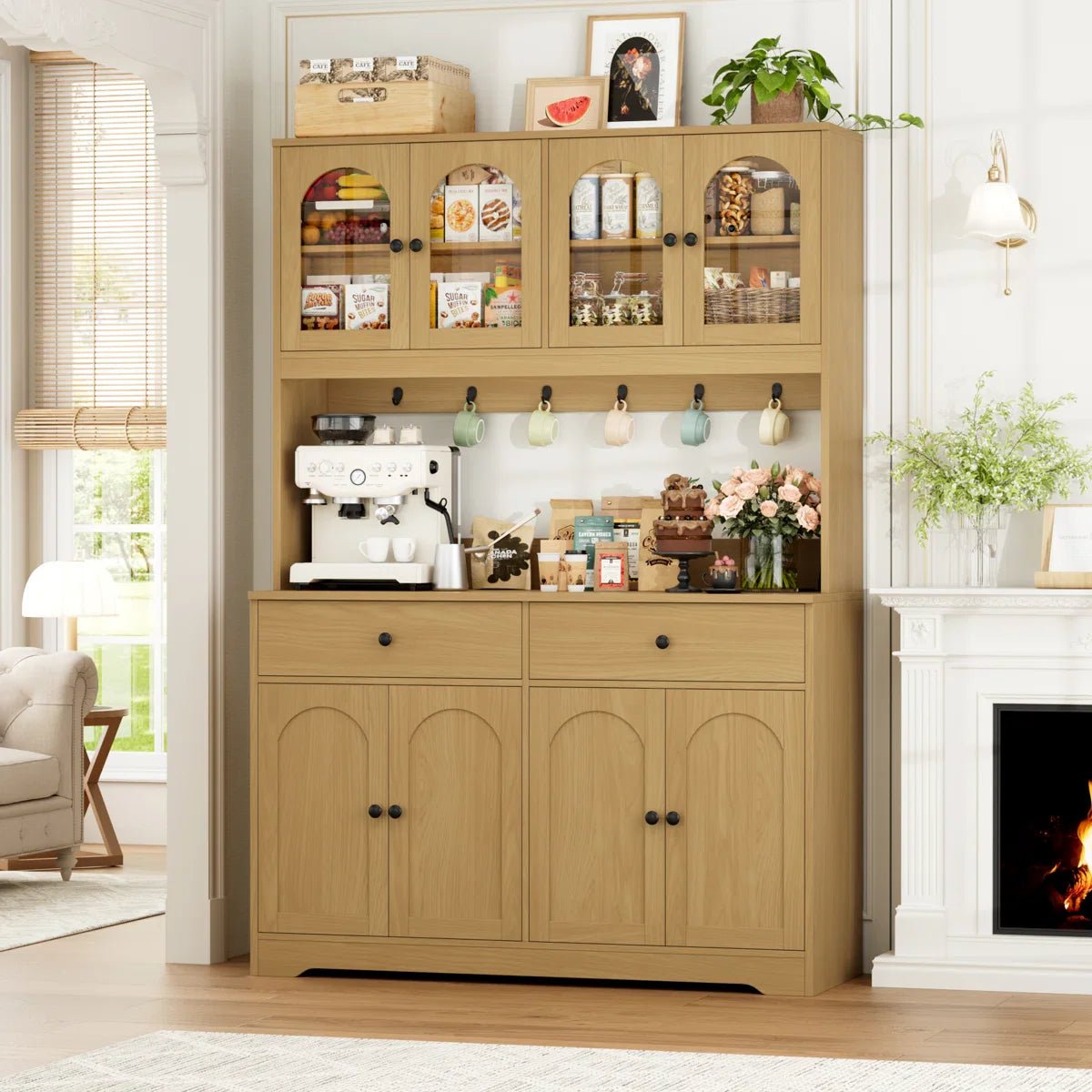 71" LED Kitchen Pantry Cabinet with Power Outlet, Large Kitchen Hutch Storage Cabinet