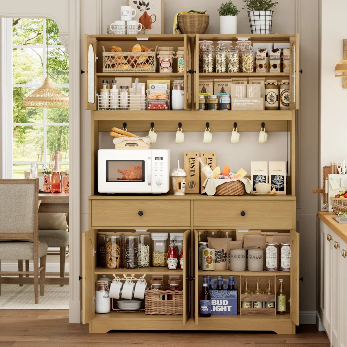 71" LED Kitchen Pantry Cabinet with Power Outlet, Large Kitchen Hutch Storage Cabinet