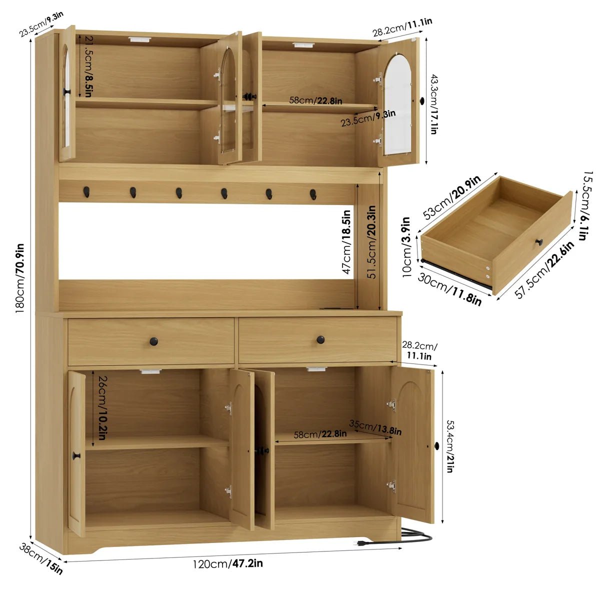 71" LED Kitchen Pantry Cabinet with Power Outlet, Large Kitchen Hutch Storage Cabinet