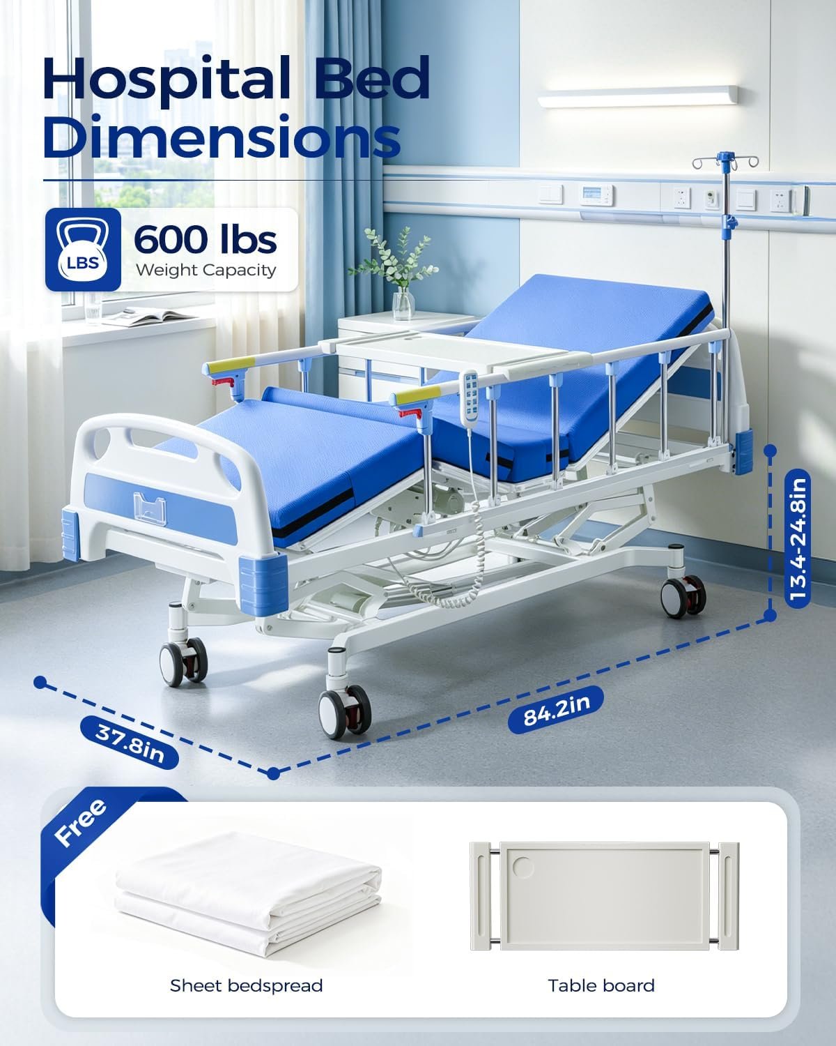 4 Function 600LBS Full Electric Hospital Bed, Beds for Home Use, Special Needs Medical Bed for Seniors with Mattress, Adjustable Hospital, Frame IV Pole, Medical Equipment Beds