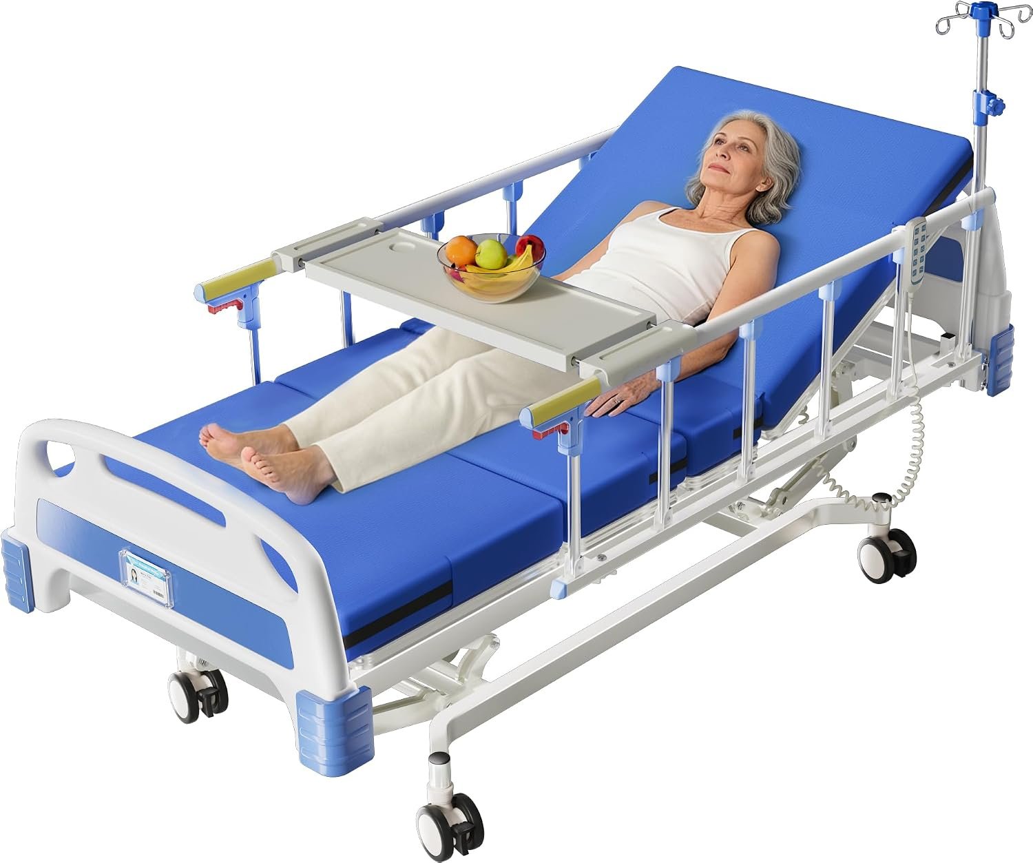 4 Function 600LBS Full Electric Hospital Bed, Beds for Home Use, Special Needs Medical Bed for Seniors with Mattress, Adjustable Hospital, Frame IV Pole, Medical Equipment Beds