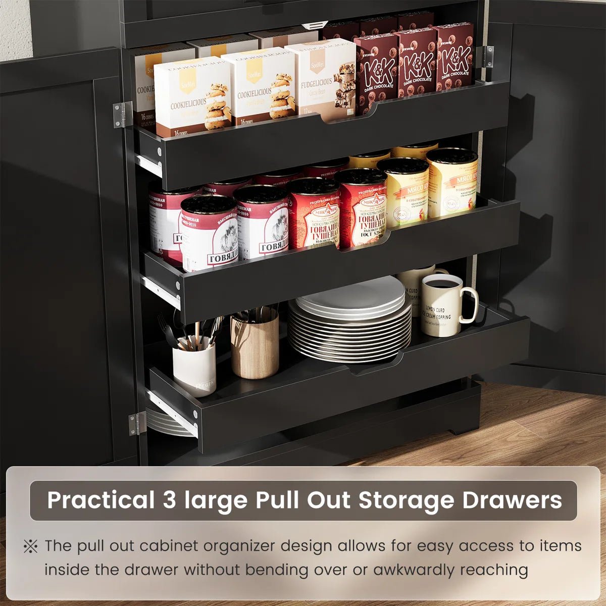 72" Kitchen Pantry Storage Cabinet with 8 Hanging Shelves and 3 Sliding Drawers