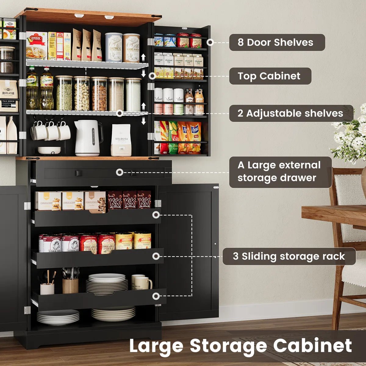 72" Kitchen Pantry Storage Cabinet with 8 Hanging Shelves and 3 Sliding Drawers