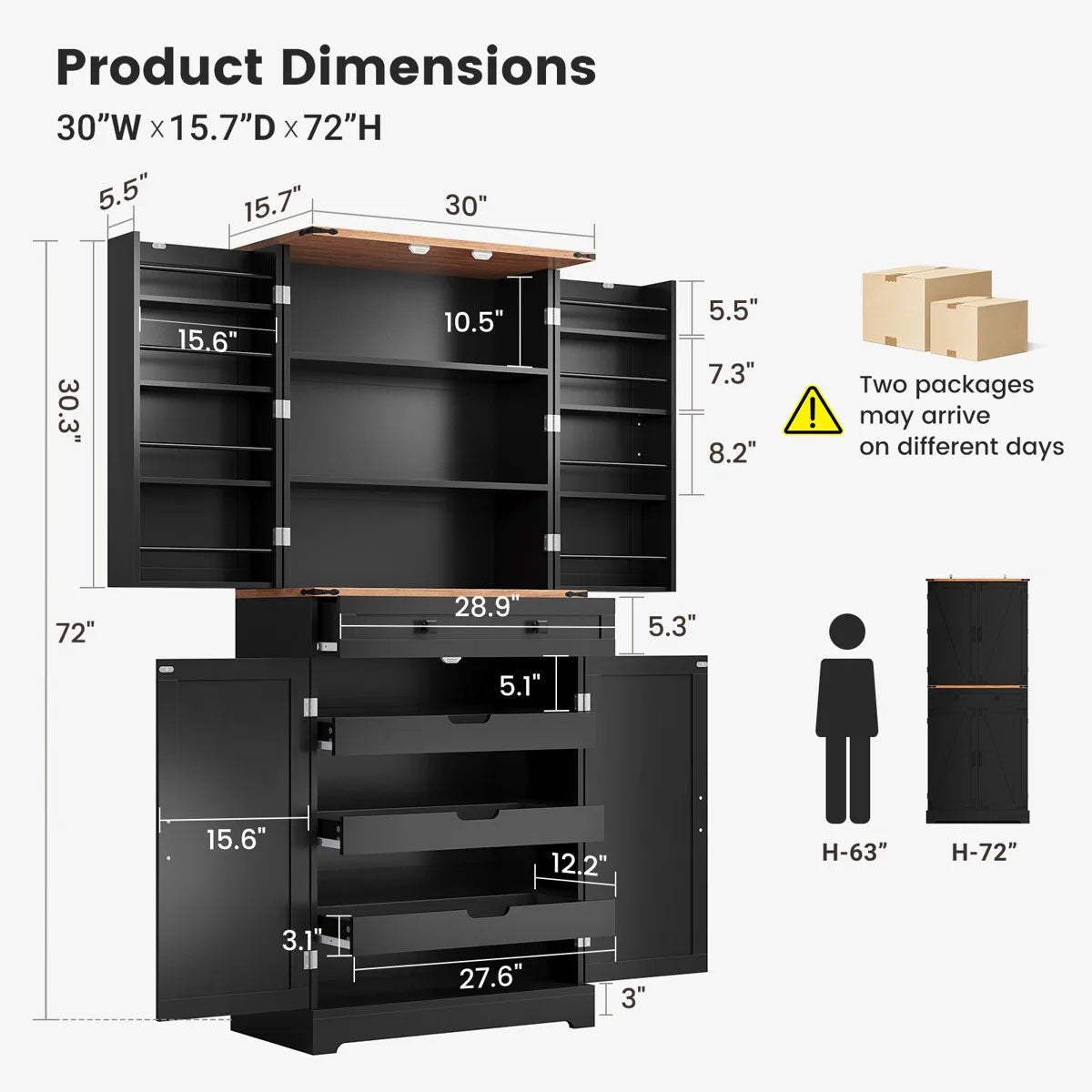 72" Kitchen Pantry Storage Cabinet with 8 Hanging Shelves and 3 Sliding Drawers