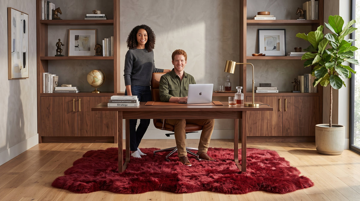 A man and a woman are shown in a styled home office environment, with the man sitting at a wooden desk using a laptop and the woman standing beside him. They are positioned on a prominent deep red shag rug in front of a large wooden bookcase.