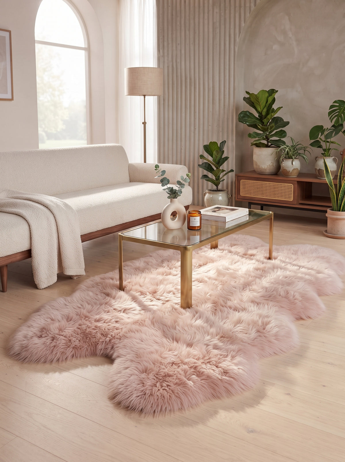 A fluffy pale blush pink sheepskin rug styled in a bright, modern living room with a glass-top coffee table, cream sofa, and potted plants.