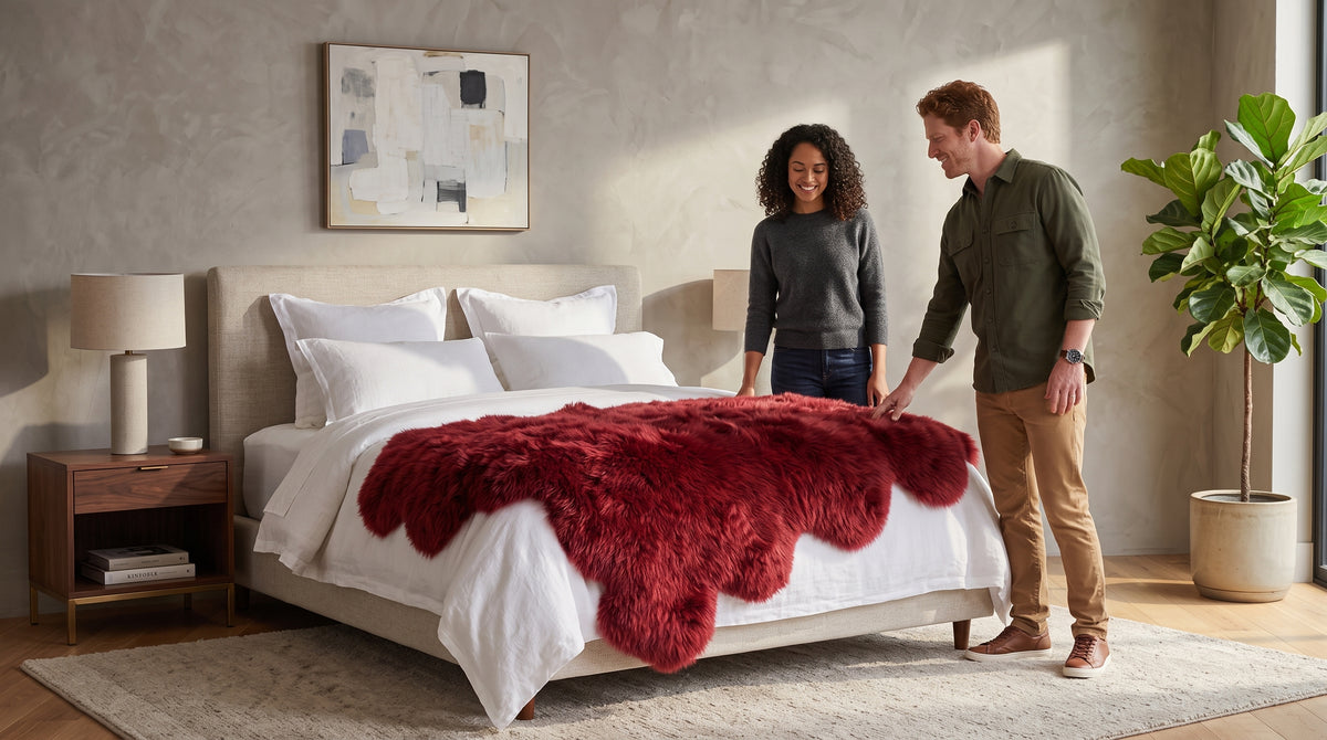 A man and a woman stand beside a bed in a modern bedroom, holding and displaying a plush, shaggy red throw blanket draped over the white bedding.