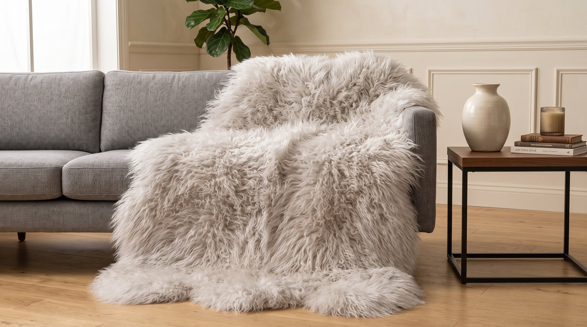 Genuine Ivory Sheepskin Rug – Multi-Pelt Shaggy Wool Area Rug