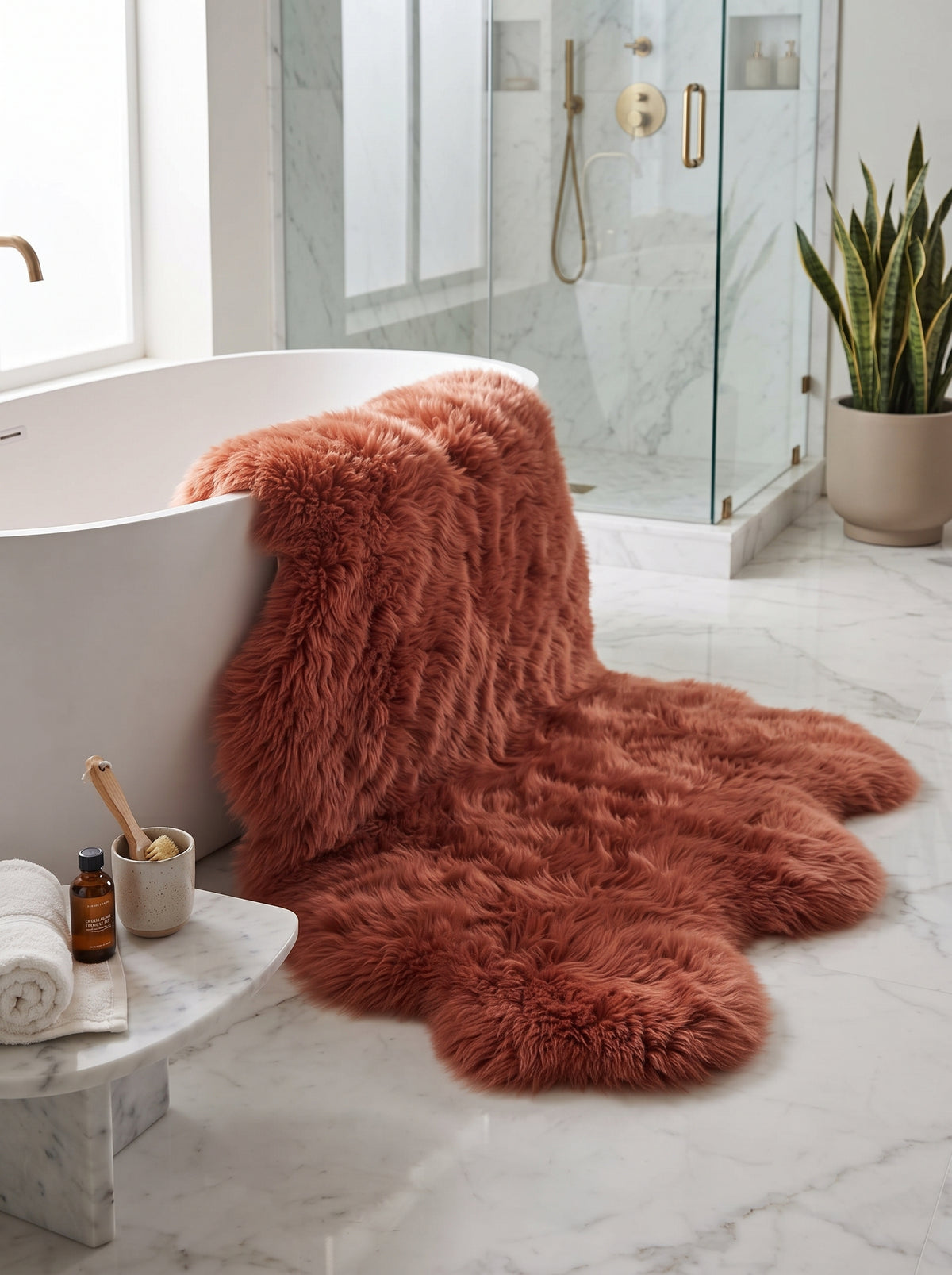 Genuine Terracotta Sheepskin Rug – Quad-Pelt Shaggy Wool Area Rug