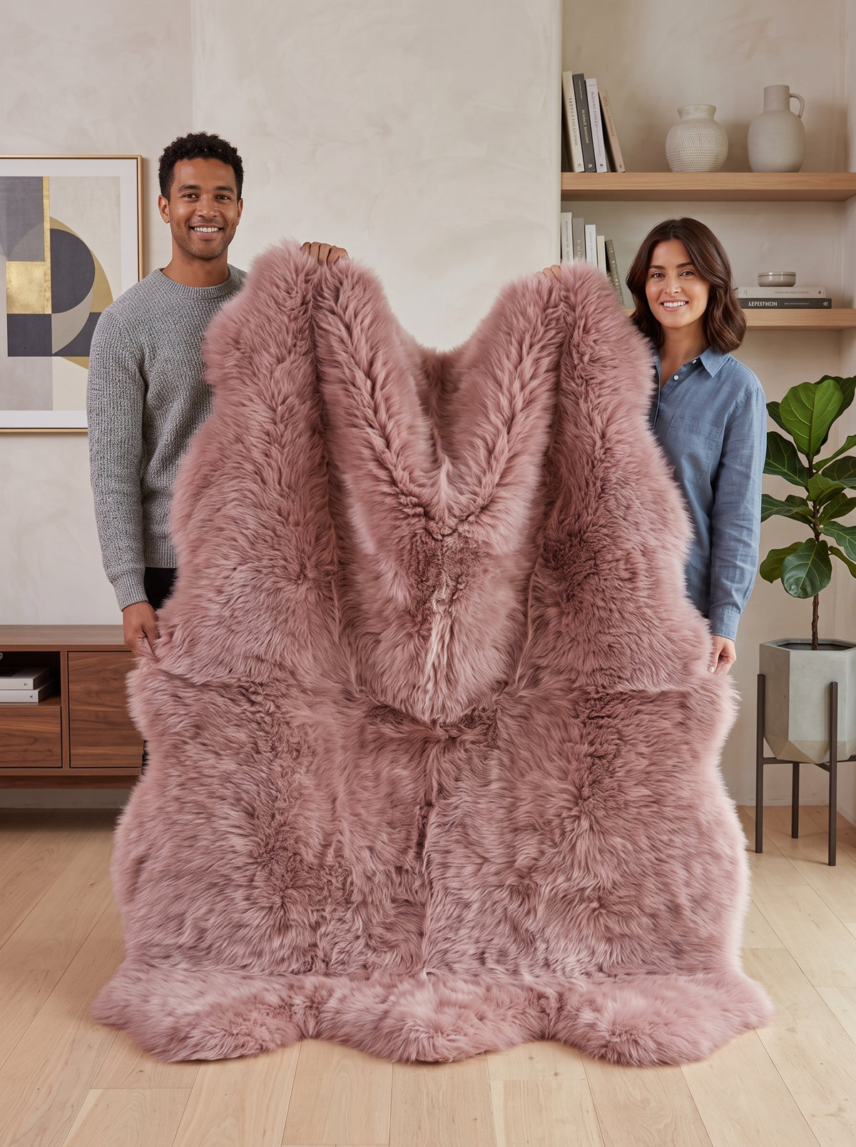 A large, fluffy pinkish-brown faux fur or sheepskin rug is held up by a man and a woman in a modern, well-lit living room. The man on the left wears a gray sweater, and the woman on the right wears a blue button-up shirt.