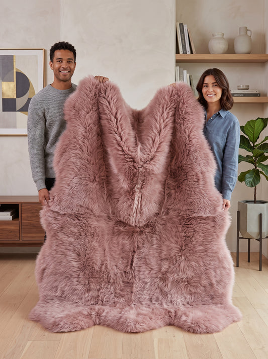 A large, fluffy pinkish-brown faux fur or sheepskin rug is held up by a man and a woman in a modern, well-lit living room. The man on the left wears a gray sweater, and the woman on the right wears a blue button-up shirt.