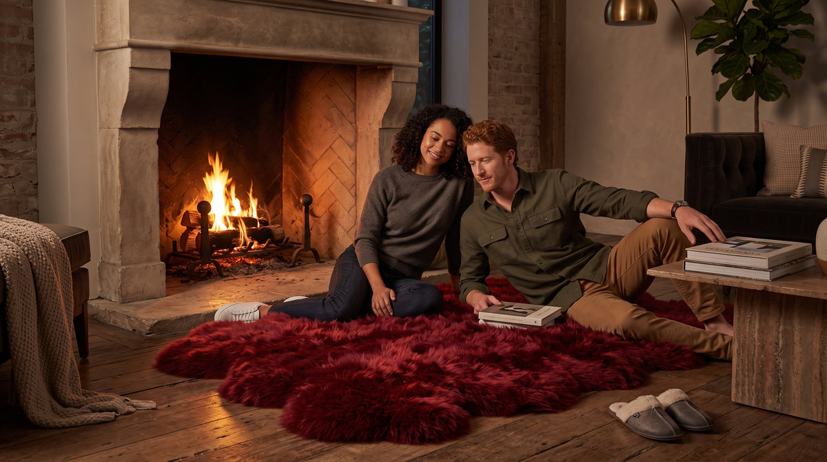 A couple relaxes on a plush, deep red shag rug in a cozy living room with a lit fireplace, wooden floors, and a coffee table nearby.
