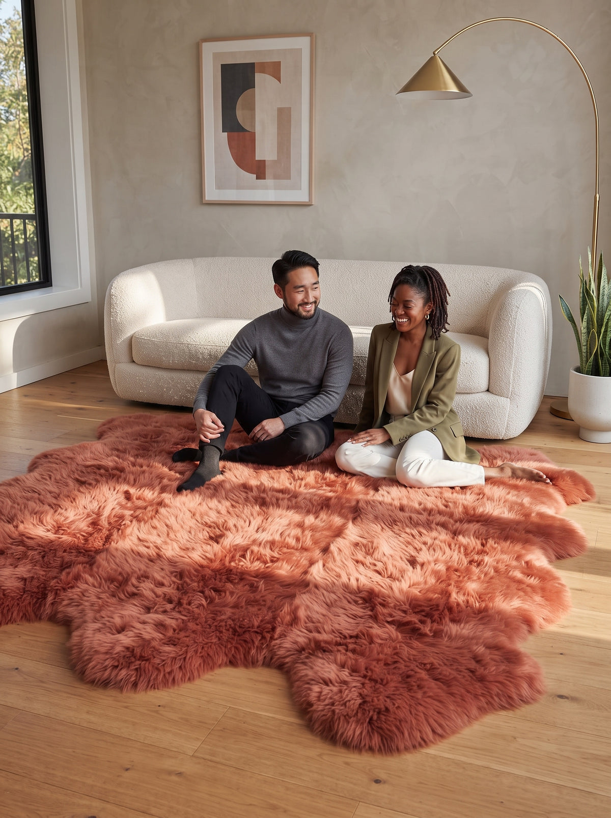 Genuine Terracotta Sheepskin Rug – Quad-Pelt Shaggy Wool Area Rug