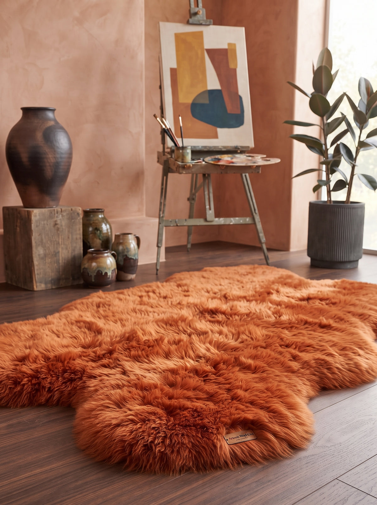 Genuine Burnt Orange Sheepskin Rug – Multi-Pelt Shaggy Wool Area Rug