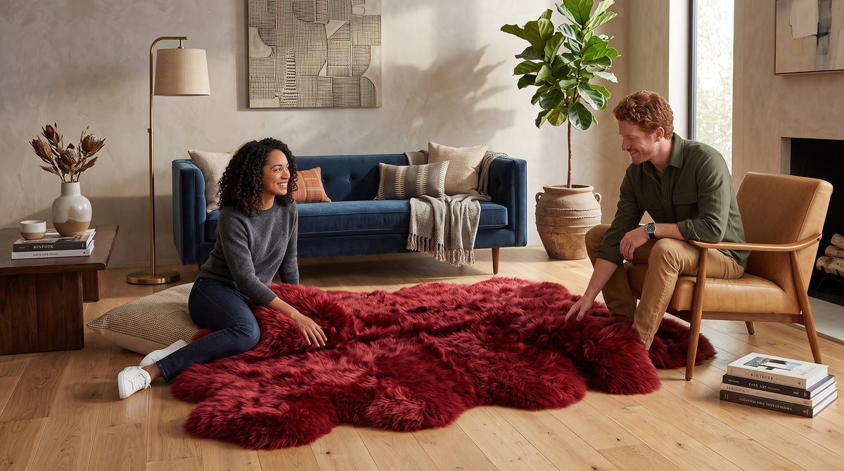 A couple in a modern living room setting, with a woman kneeling and a man seated in a chair on a large, shaggy, deep red animal-print rug.