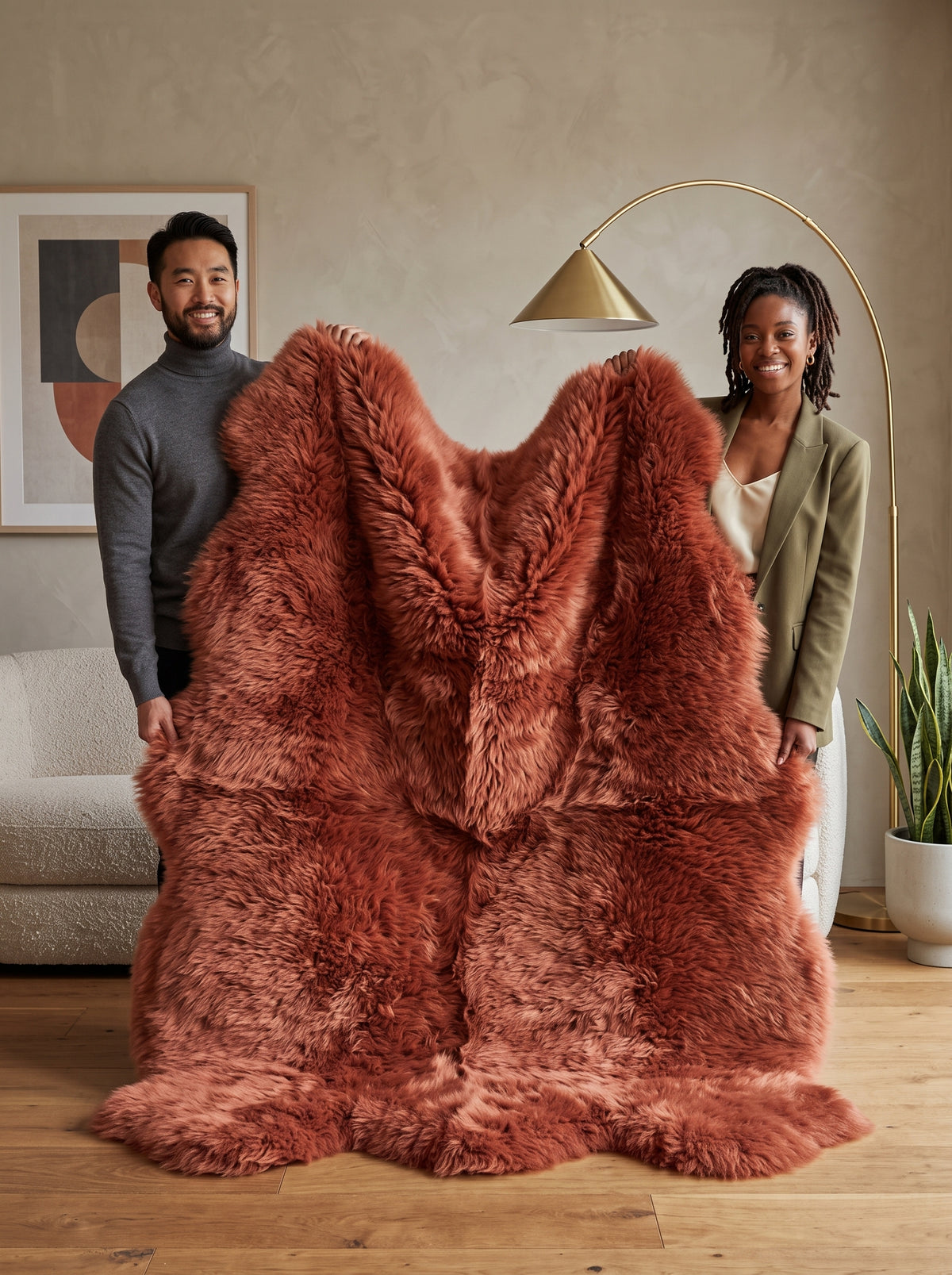 Genuine Terracotta Sheepskin Rug – Quad-Pelt Shaggy Wool Area Rug