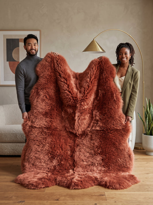Genuine Terracotta Sheepskin Rug – Quad-Pelt Shaggy Wool Area Rug