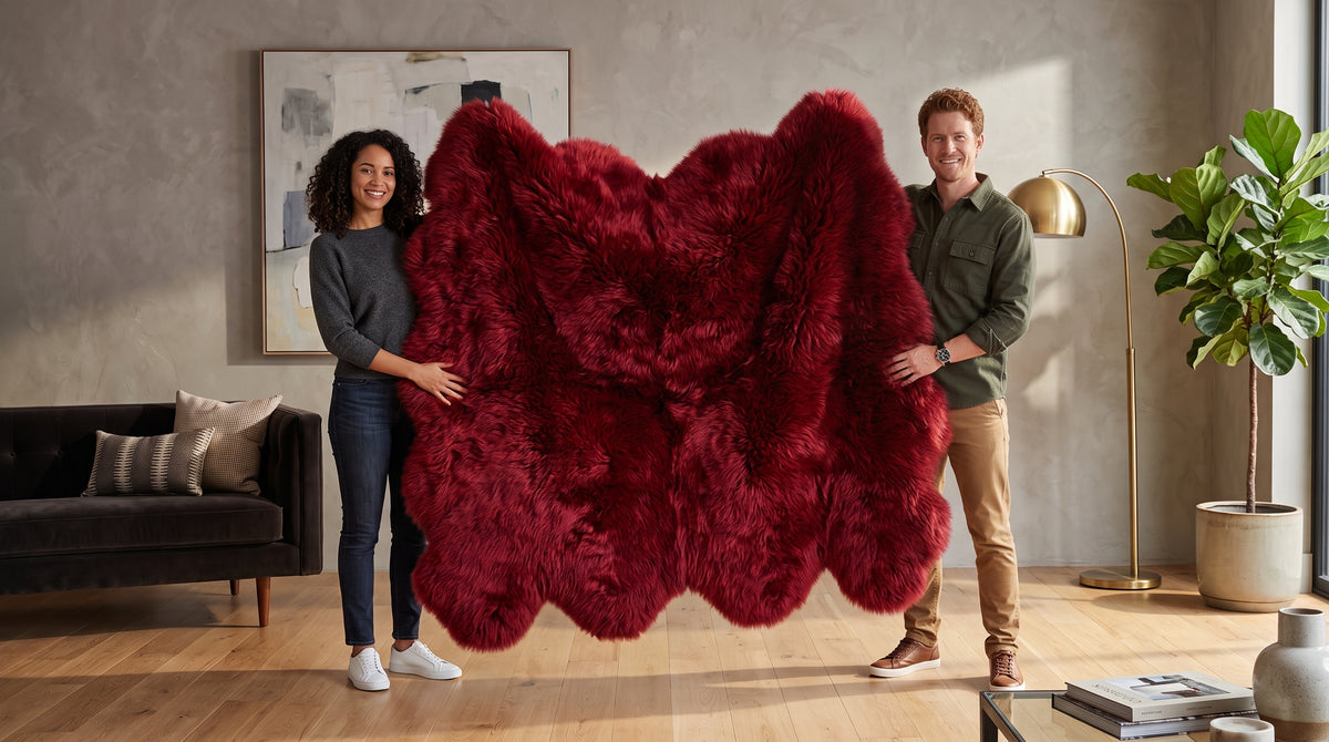A couple holds up a large, plush, deep red shag rug in a modern living room setting with a sofa, floor lamp, and potted plant.