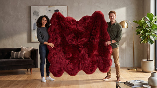 A couple holds up a large, plush, deep red shag rug in a modern living room setting with a sofa, floor lamp, and potted plant.