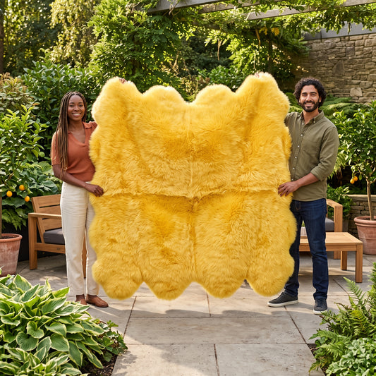 Genuine Golden Yellow Sheepskin Rug – Quad-Pelt Shaggy Wool Area Rug