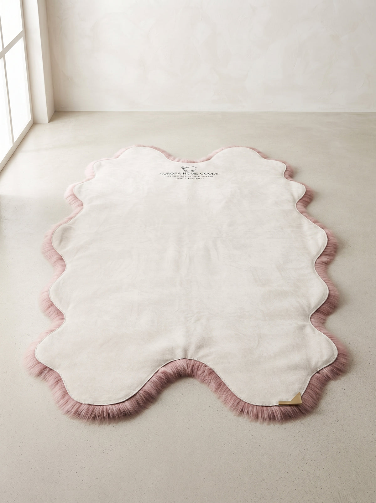 A plush, scalloped-edge rug in off-white with dusty pink faux fur trim, displayed on a neutral beige floor in a bright room.