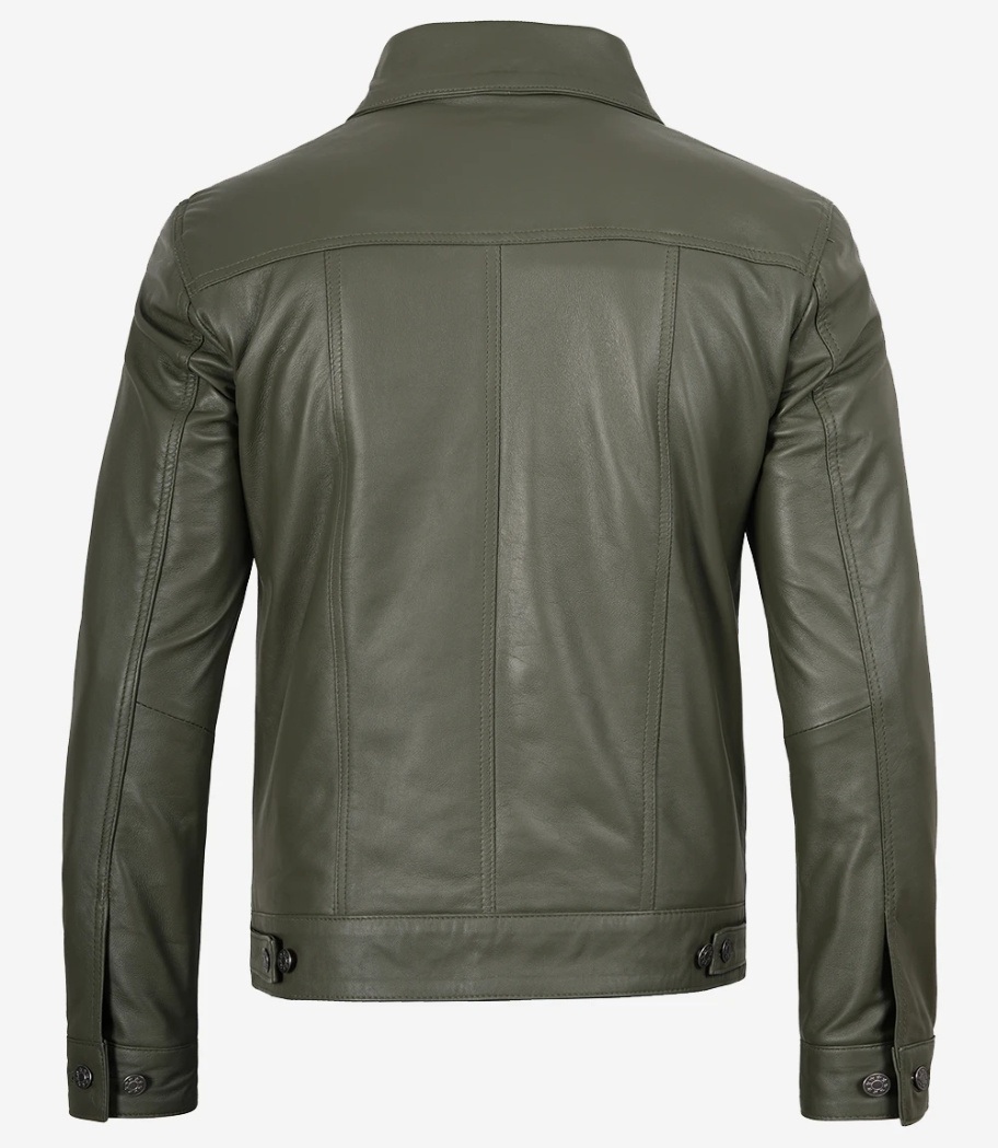 Men's Olive Green Four-Pocket Leather Trucker Jacket