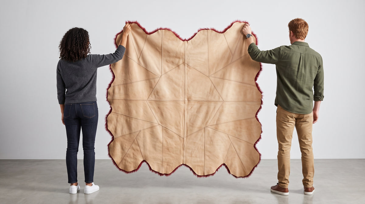 Two people standing with their backs to the camera holding up a large tan hide-shaped rug with a dark red fringed edge in a minimalist studio setting.