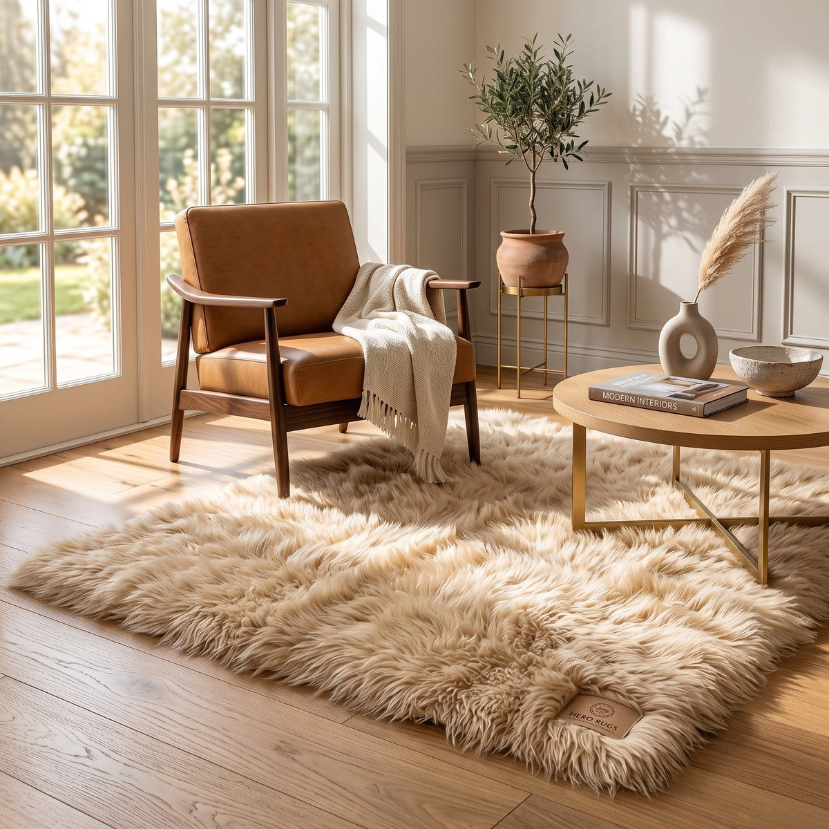 Genuine Champagne Sheepskin Rug – Multi-Pelt Shaggy Wool Area Rug