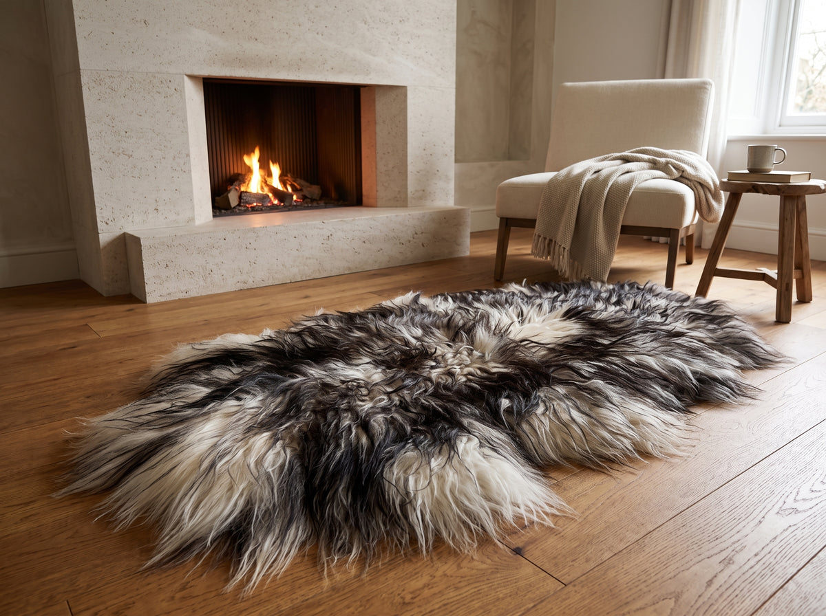 Large Icelandic Sheepskin Rug – Black & White Long Wool Shaggy Area Rug