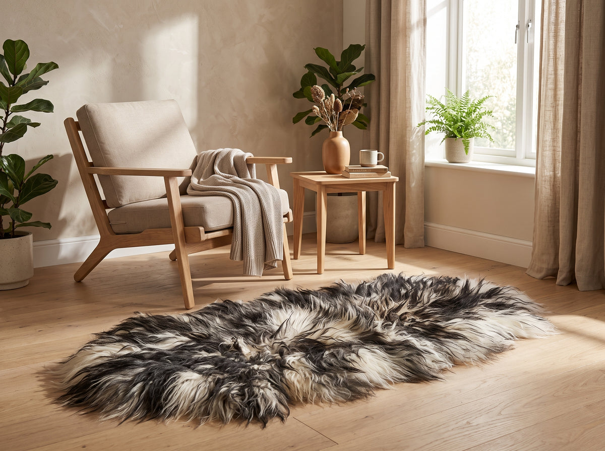 Large Icelandic Sheepskin Rug – Black & White Long Wool Shaggy Area Rug