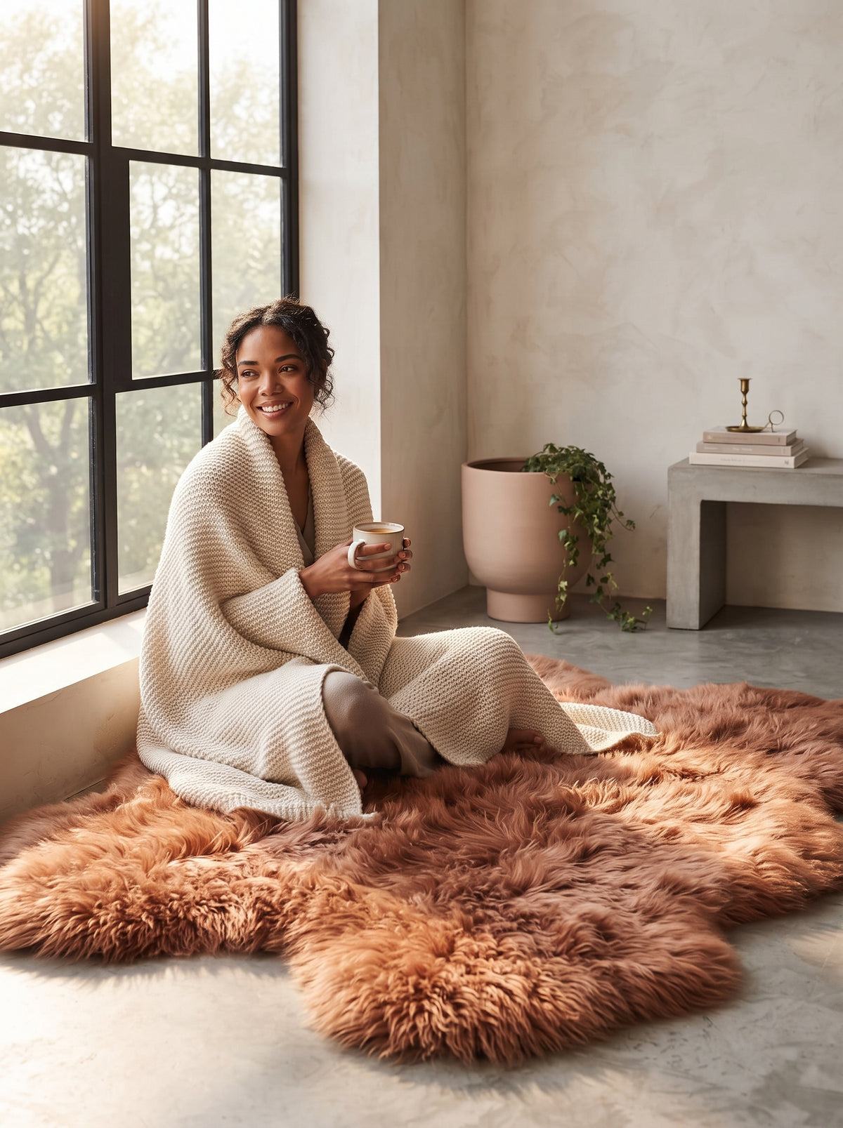 A woman sits on a large shaggy brown and rust rug in a softly lit room, wrapped in a cream knit blanket and holding a mug. The setting includes a window, textured wall, potted plant, and small table.