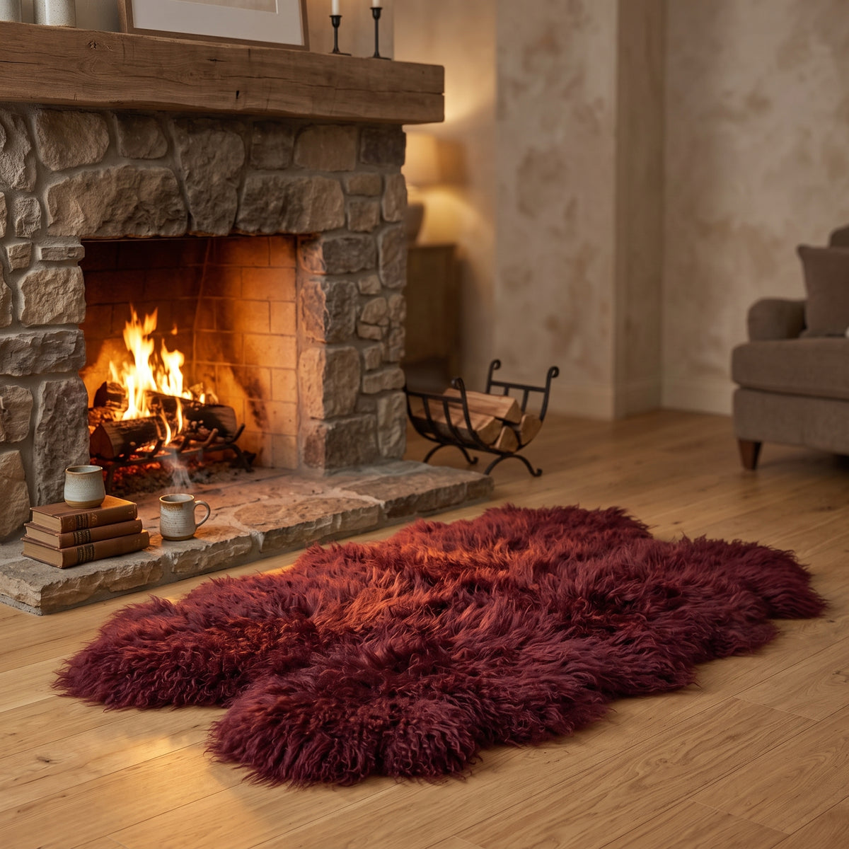 Genuine Burgundy Sheepskin Rug – Multi-Pelt Shaggy Wool Area Rug