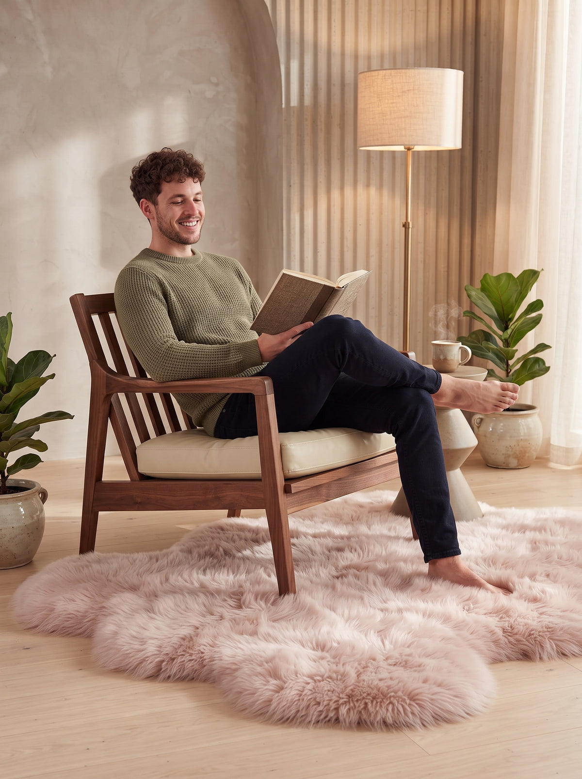 A man sits barefoot in a wooden armchair with cream cushions, reading a book in a warm, modern living room. He is wearing an olive green knit sweater and dark navy pants, positioned on a fluffy blush pink sheepskin rug.