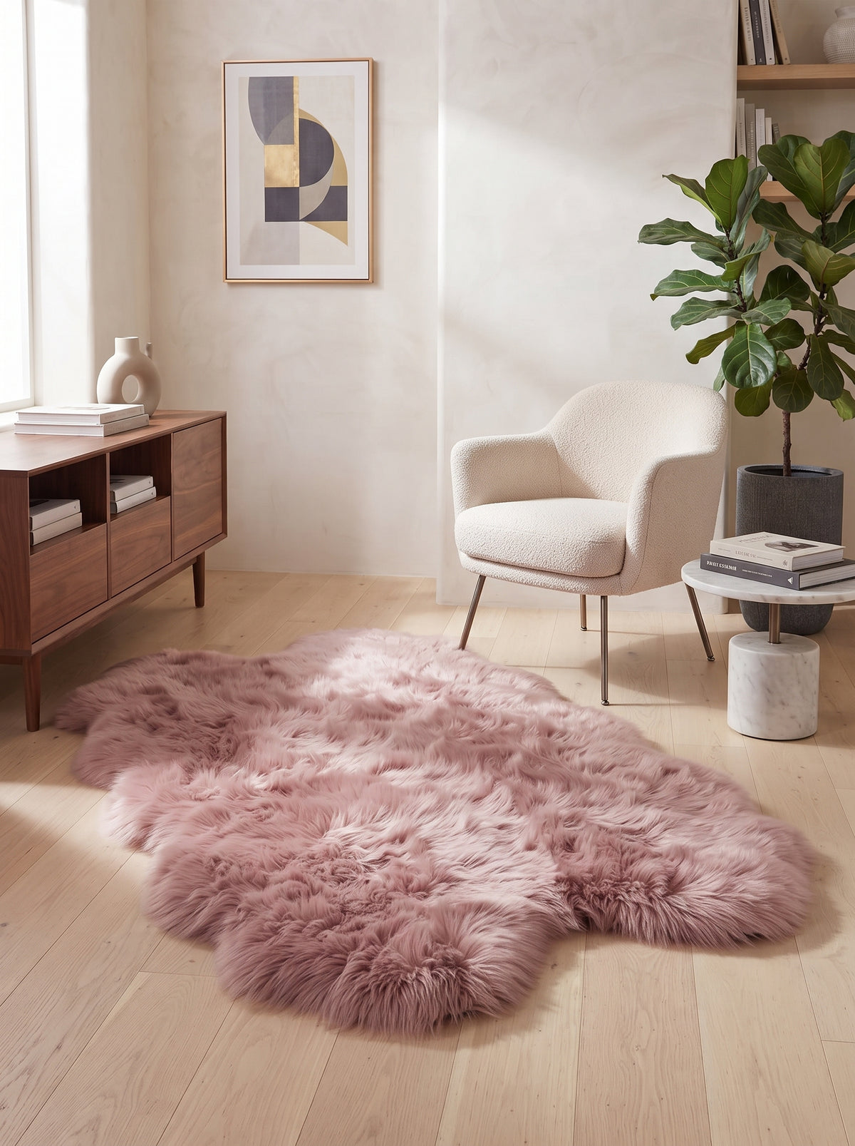 A fluffy, shaggy area rug in a dusty rose pink color, styled on a light wood floor in a modern, sunlit living room with a cream armchair, wooden sideboard, and a potted green plant.