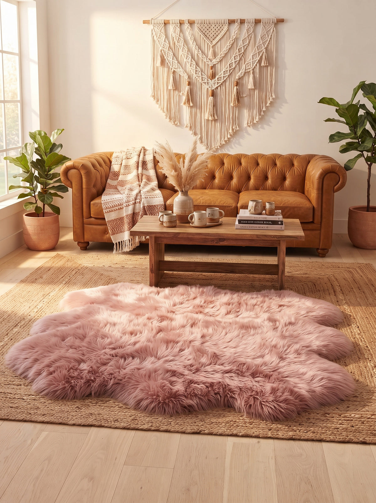 A fluffy blush pink sheepskin-style area rug laid on a woven jute coffee table runner in a bright, sunlit living room with a tan leather sofa, wooden coffee table, plants, and a cream macrame wall hanging.
