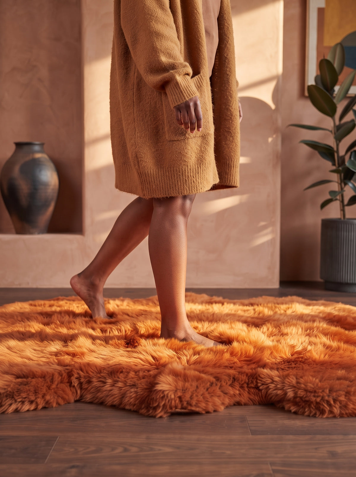 Genuine Burnt Orange Sheepskin Rug – Multi-Pelt Shaggy Wool Area Rug