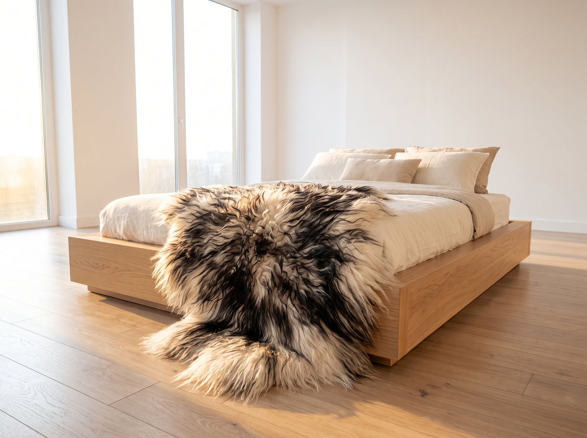 Large Icelandic Sheepskin Rug – Black & White Long Wool Shaggy Area Rug