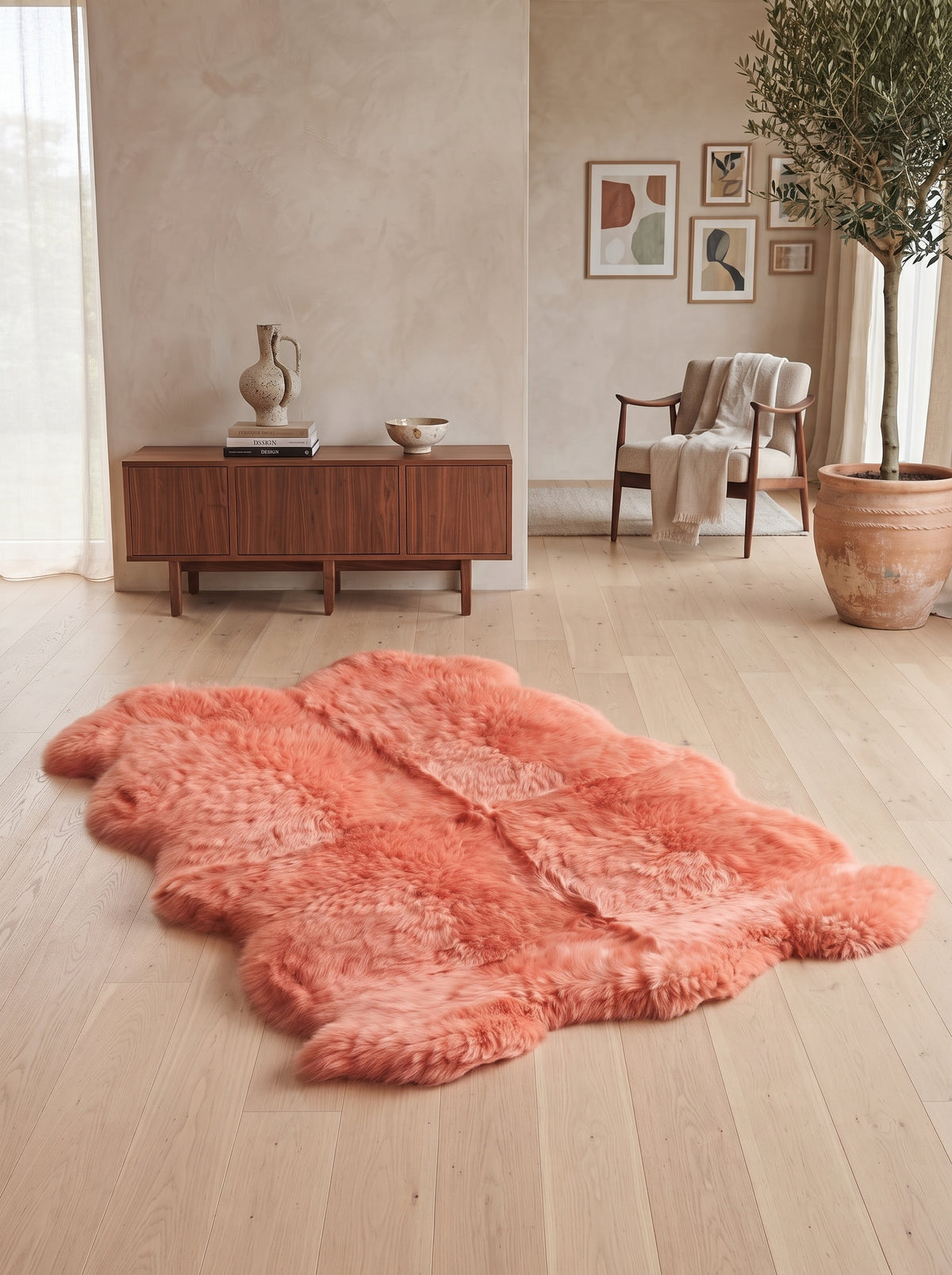 Genuine Coral Pink Sheepskin Rug – Quad-Pelt Shaggy Wool Area Rug