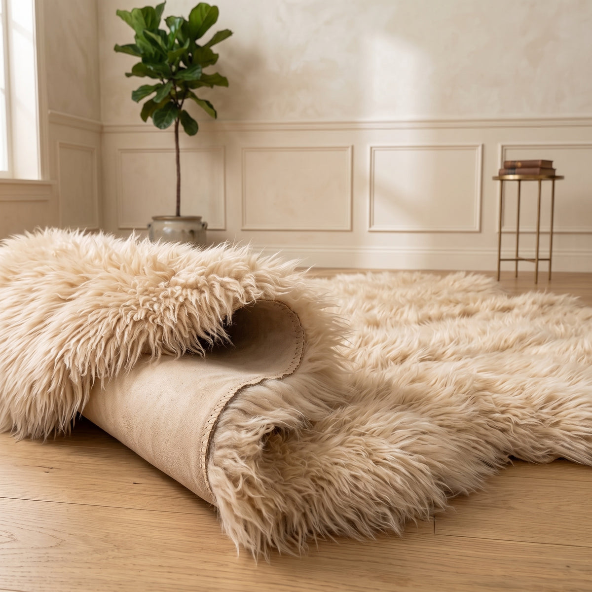 Genuine Champagne Sheepskin Rug – Multi-Pelt Shaggy Wool Area Rug