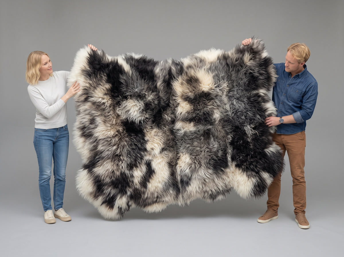 Large Genuine Sheepskin Rug – Shaggy Black, Grey & Cream Multi-Pelt Area Rug