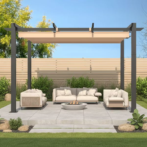 10' X 12' Outdoor Pergola With Retractable Canopy, Heavy-Duty Metal Frame And Adjustable Patio Shade Roof