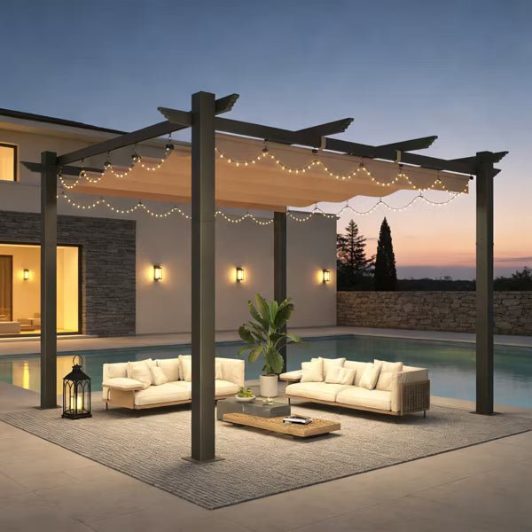 10' X 12' Outdoor Pergola With Retractable Canopy, Heavy-Duty Metal Frame And Adjustable Patio Shade Roof